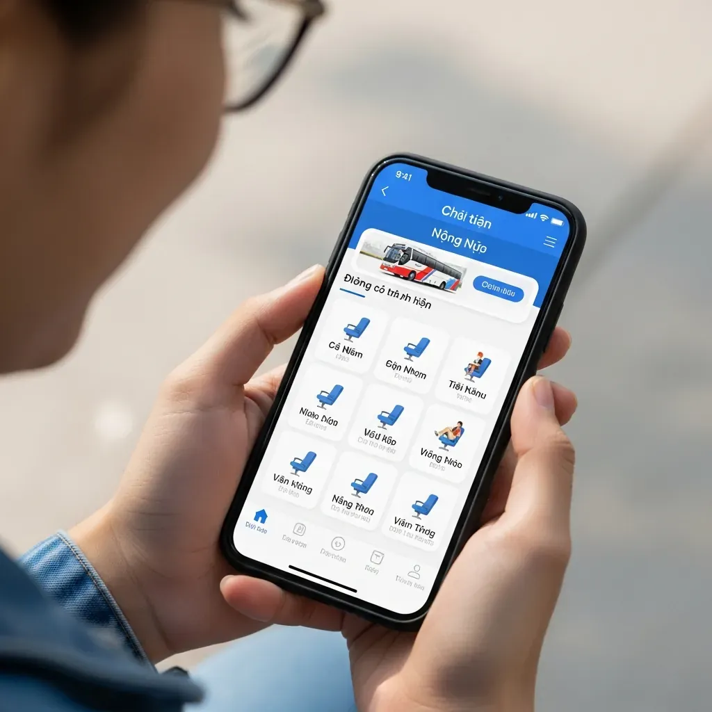 Hình ảnh cận cảnh một người dùng điện thoại hiển thị ứng dụng Thành Công Bus Lines với giao diện chọn ghế bằng tiếng Việt.