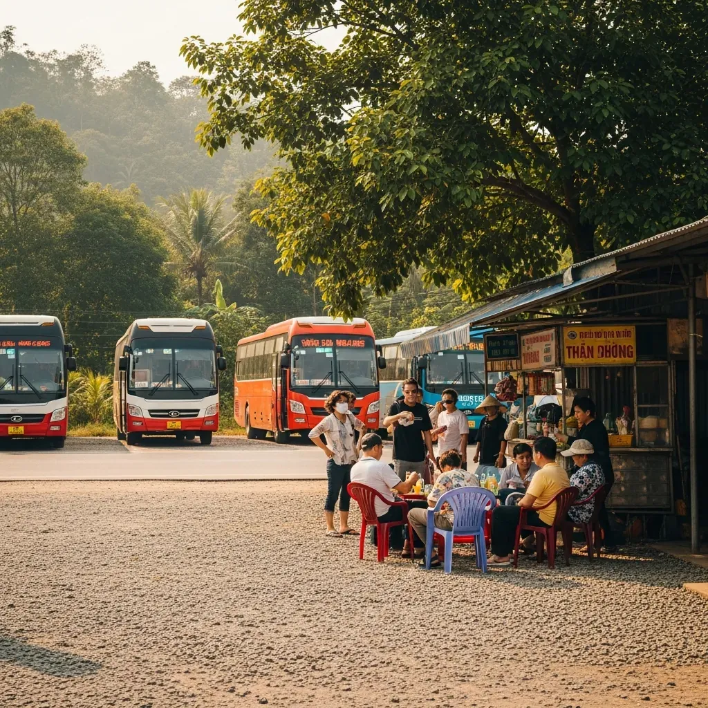 Khu vực đón xe giản đơn tại 90 Quốc lộ 1A, Thủ Đức với bãi xe ngoài trời, quán nước ven đường và hành khách chờ đợi.