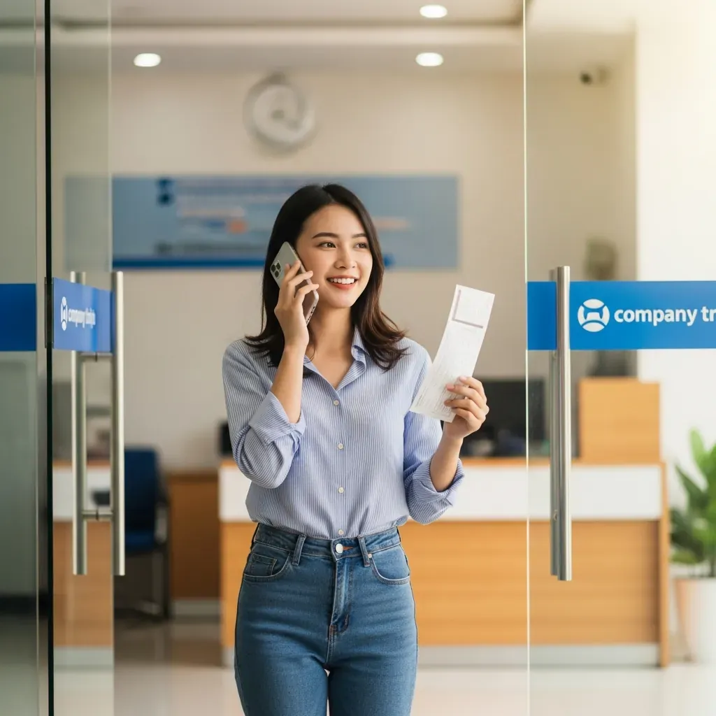 Người phụ nữ Việt Nam gọi điện thoại đặt vé qua tổng đài, tay cầm phiếu xác nhận, tại khu vực văn phòng xe Thành Công.