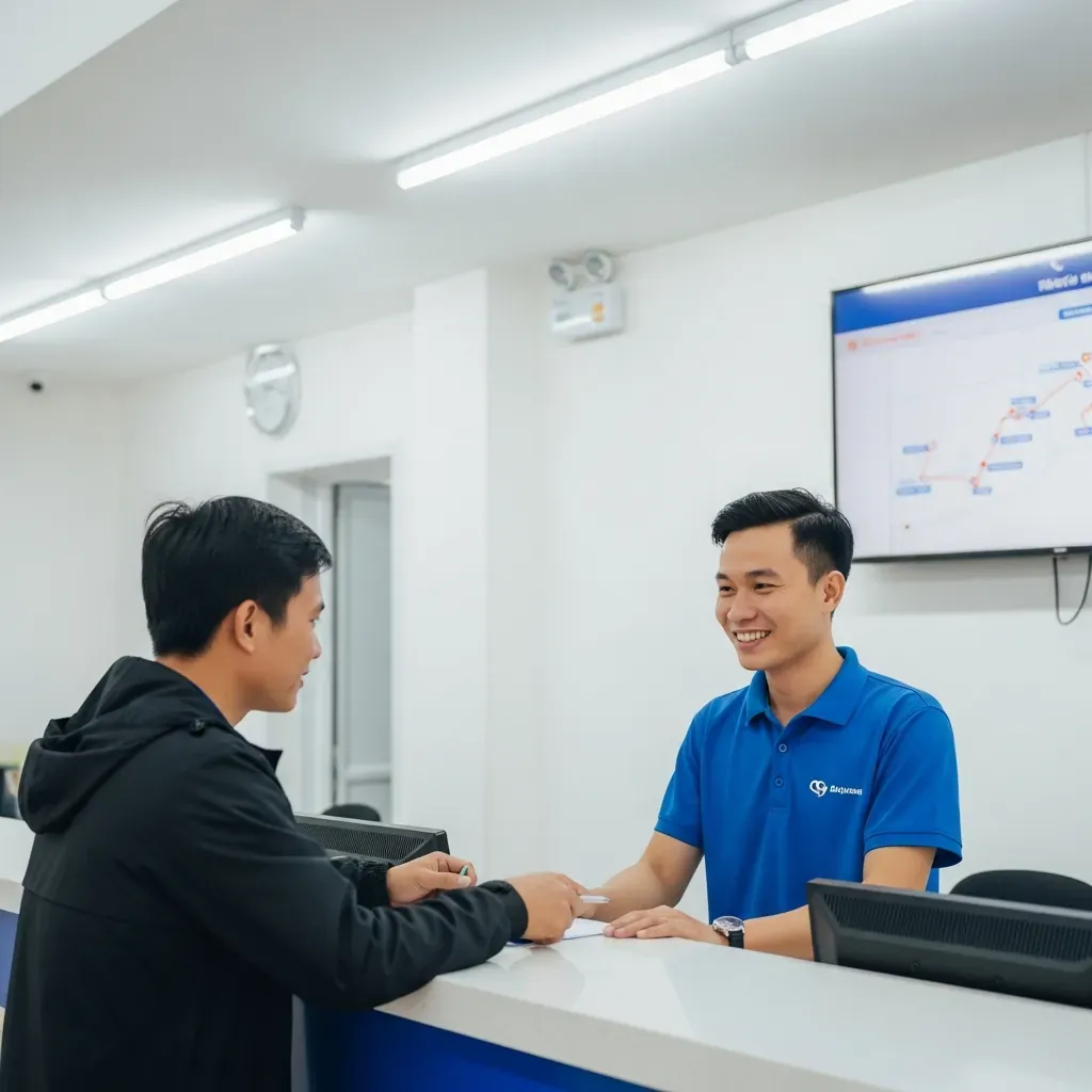 Quầy vé trực tiếp tại văn phòng 834 Quốc lộ 13 với nhân viên mặc đồng phục đang phục vụ khách hàng người Việt.