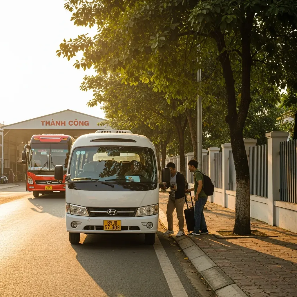 Xe trung chuyển nhỏ màu trắng đón khách tại khu dân cư Thủ Đức, xe khách lớn chờ sẵn phía sau.