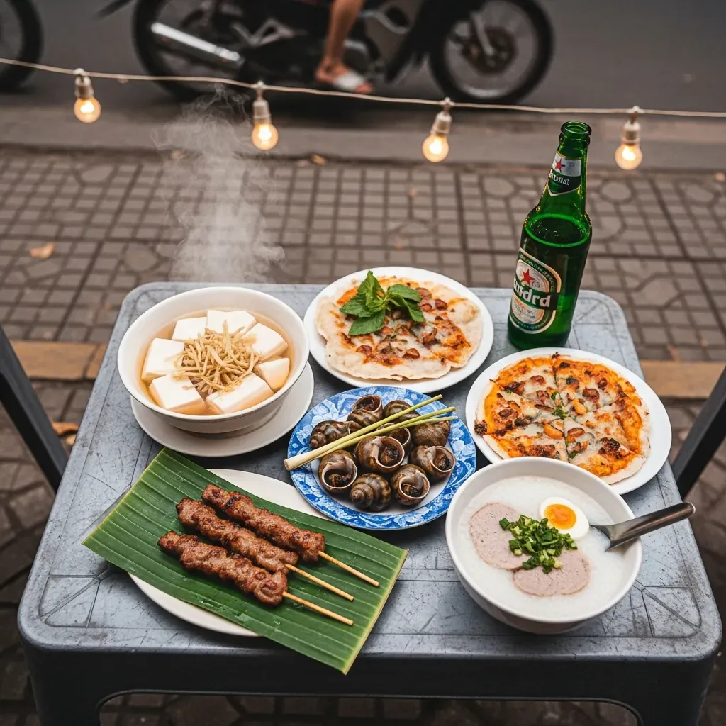Cận cảnh các món ăn đường phố Bùi Viện gồm đậu hũ nóng, xiên nướng, bánh tráng nướng, ốc, cháo và bia.