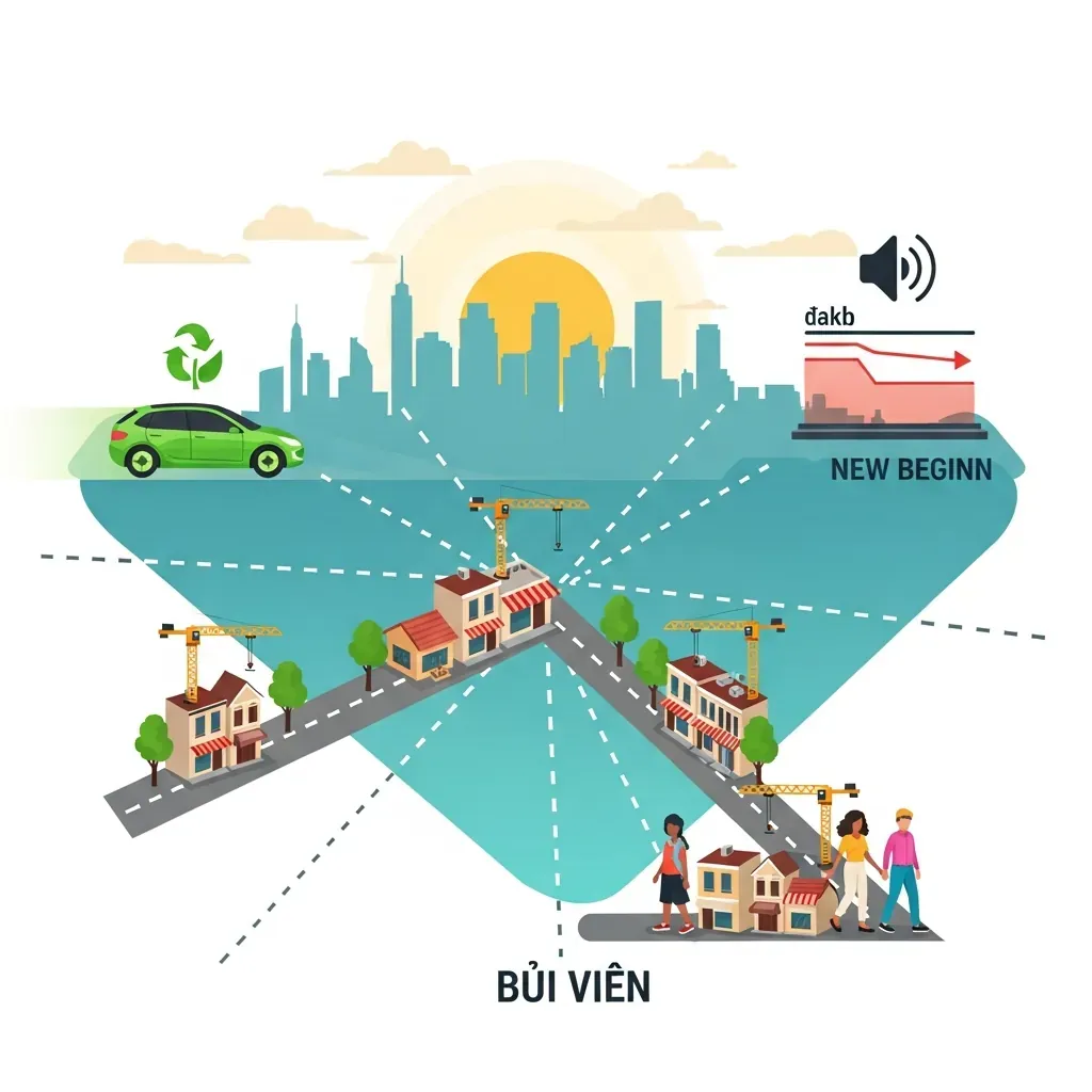 Hình ảnh tương lai phố Bùi Viện với mở rộng không gian, xe điện xanh và tiếng ồn giảm.