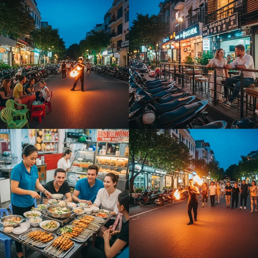Khung cảnh phố Bùi Viện lúc chiều tối với các hoạt động ẩm thực đường phố, biểu diễn múa lửa và quán bar rooftop.