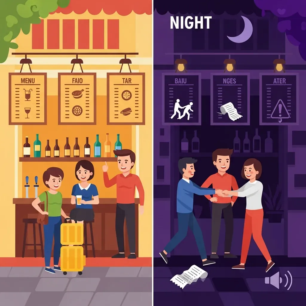 So sánh giữa quảng bá lý tưởng và thực tế trải nghiệm tại Bùi Viện bằng biểu tượng cảnh báo và an toàn.
