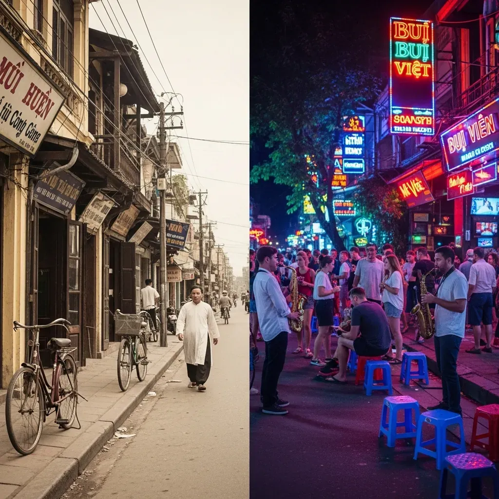 So sánh phố Bùi Viện xưa và nay: bên trái là cảnh thập niên 1960, bên phải là phố đi bộ sôi động hiện tại.