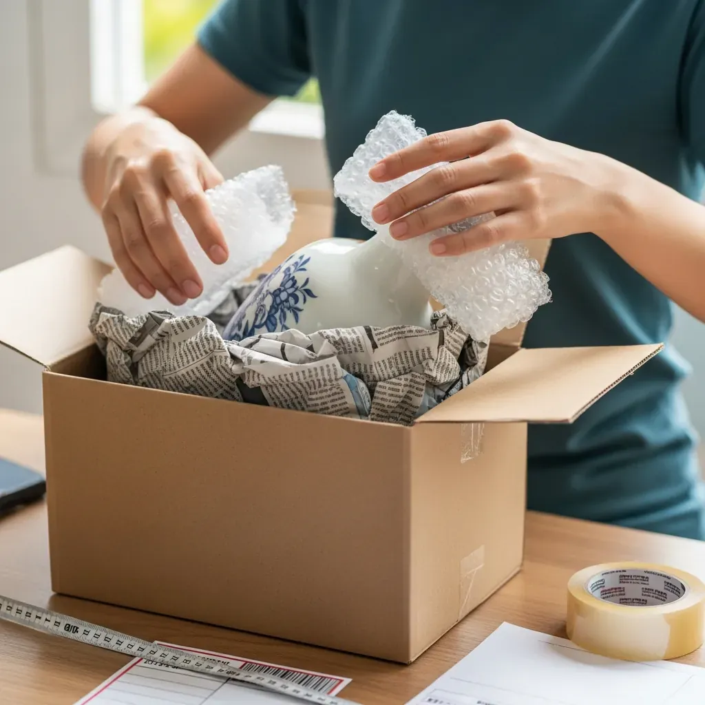 Chuẩn bị đóng gói bưu kiện với xốp hơi và giấy chèn