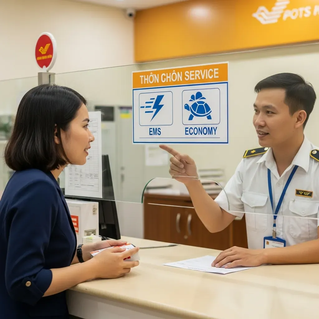 Khách hàng trao đổi với nhân viên bưu điện về lựa chọn dịch vụ