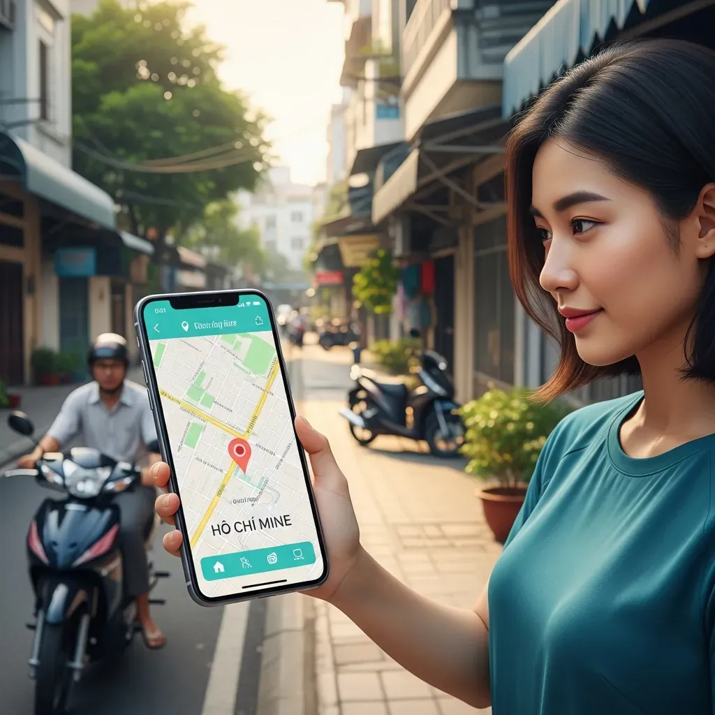 Người phụ nữ tra cứu bưu cục gần nhất trên điện thoại