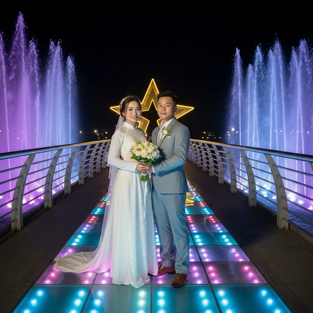Cô dâu chú rể tạo dáng trên Cầu Ánh Sao với dải đèn LED.