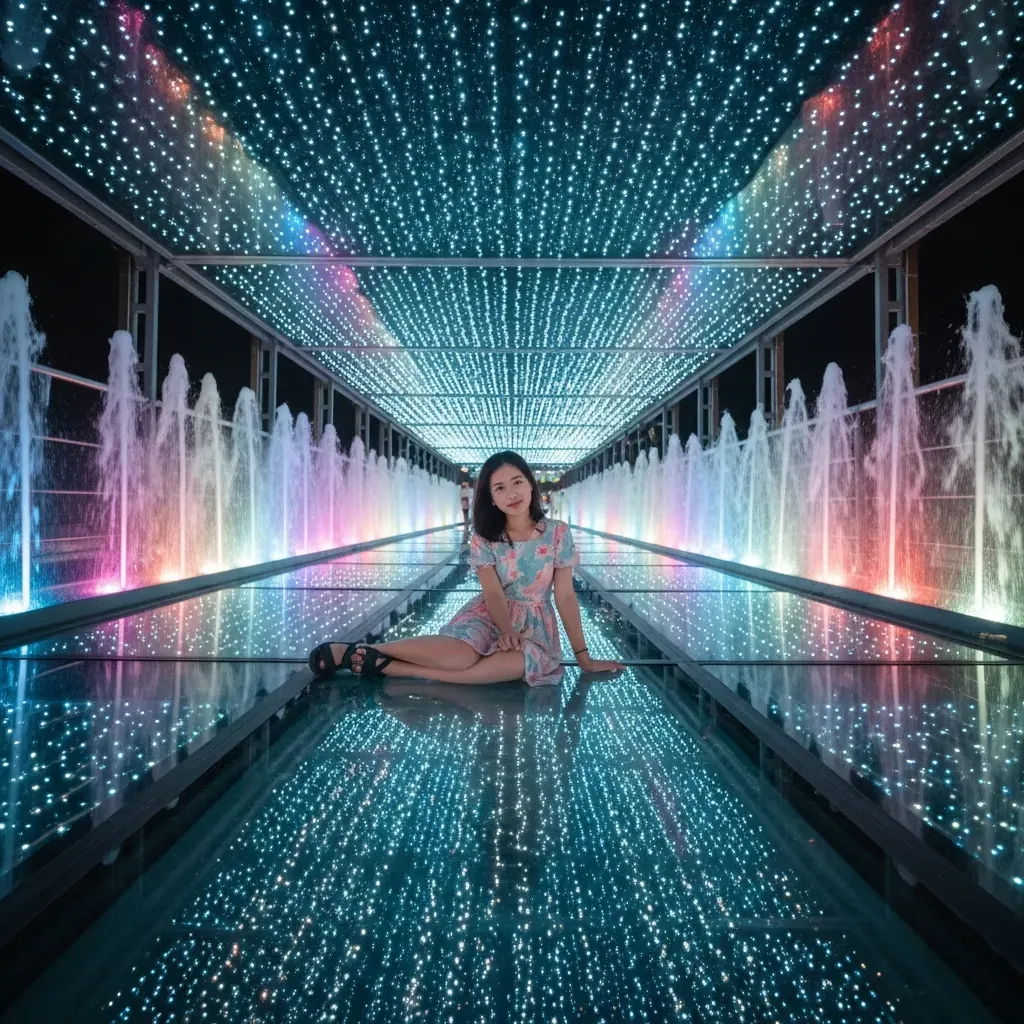 Góc chụp từ sàn cầu nhìn lên, đèn LED tạo hiệu ứng dải ngân hà.