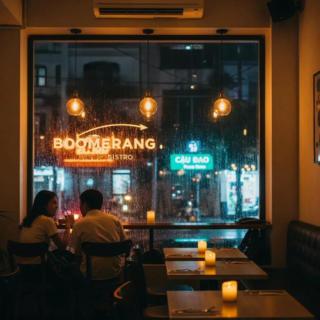 Không gian ấm cúng bên trong Boomerang Bistro ngày mưa.