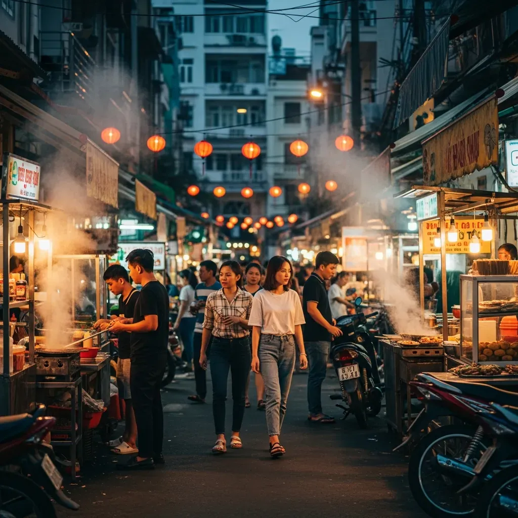 Ảnh chụp một khu chợ đêm Sài Gòn nhộn nhịp với các quầy hàng, xe máy và ánh đèn lung linh.