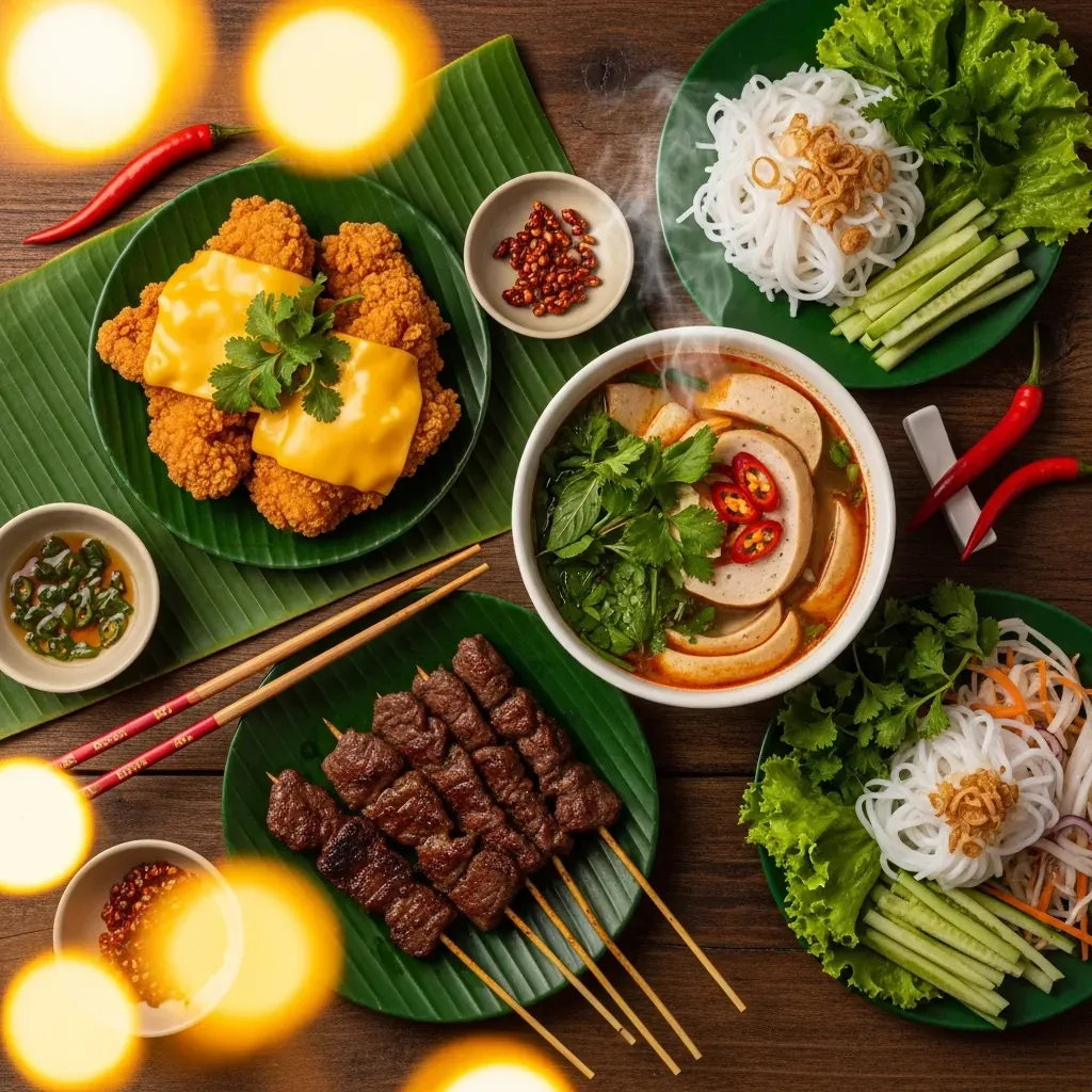 Bàn tiệc đặc sản chợ đêm Sài Gòn gồm gà phô mai, nem bò nướng, hủ tiếu sa tế nai, bún mắm.