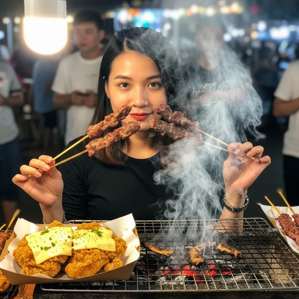 Cô gái trẻ cầm xiên nem bò nướng sả tại chợ đêm Hồ Thị Kỷ, khói nghi ngút từ bếp than.
