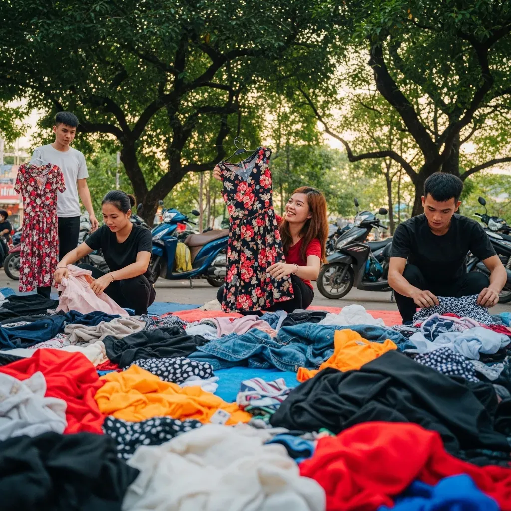 Giới trẻ lùng đồ secondhand tại chợ Bà Chiểu lúc chiều tối, quần áo trải la liệt trên bạt.