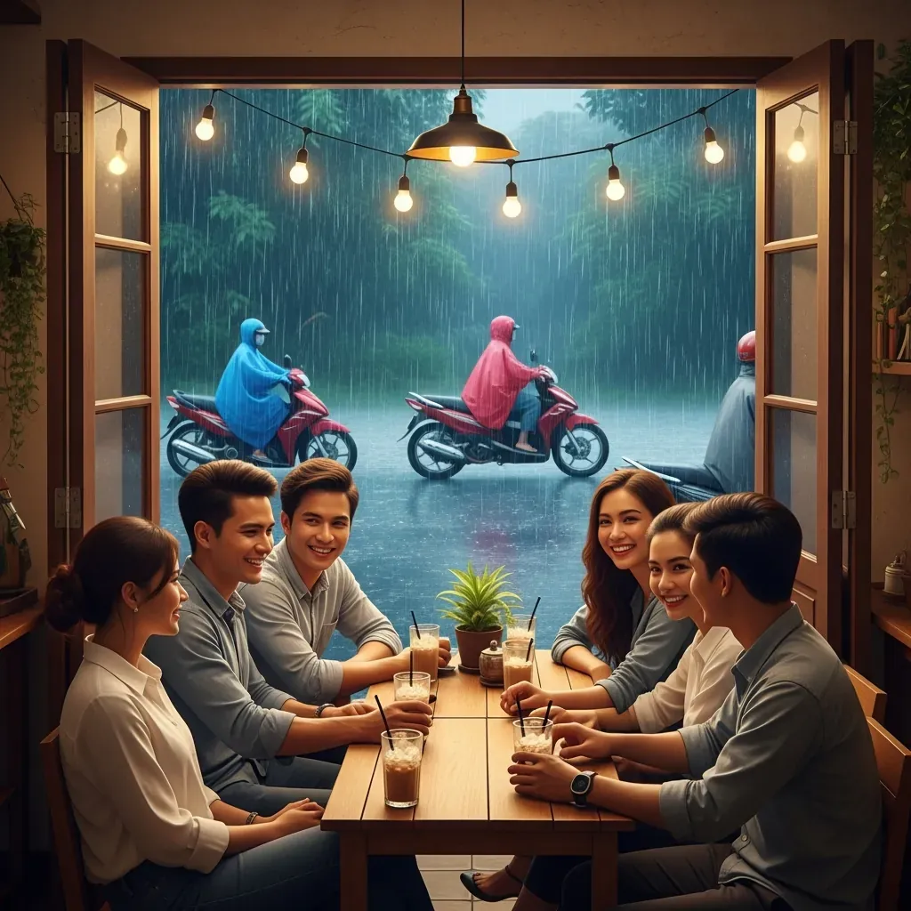 Nhóm bạn trẻ trú mưa trong quán cà phê khi chợ đêm gặp mưa lớn.