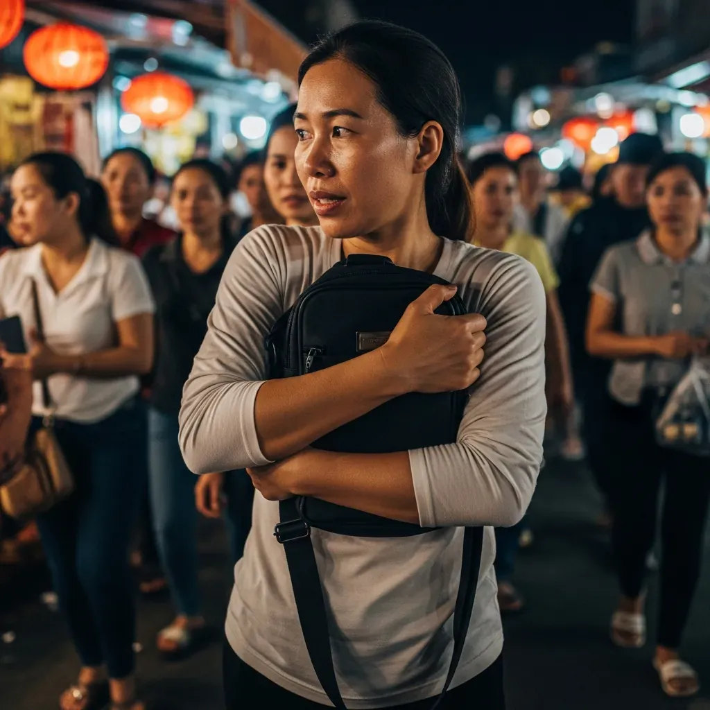 Phụ nữ đeo túi chéo trước ngực an toàn khi chen chúc trong chợ đêm.