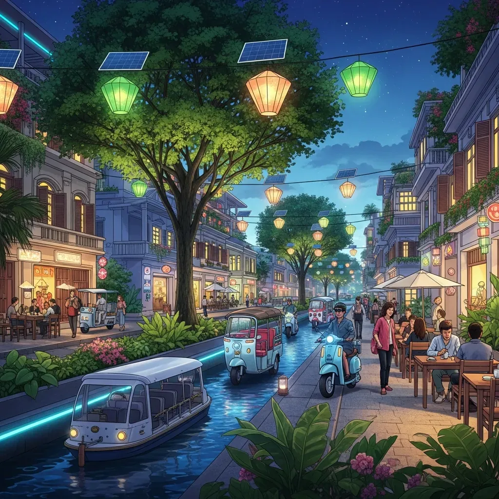 Tầm nhìn chợ đêm Sài Gòn tương lai với phố đi bộ xanh, kênh nước và thuyền buýt.