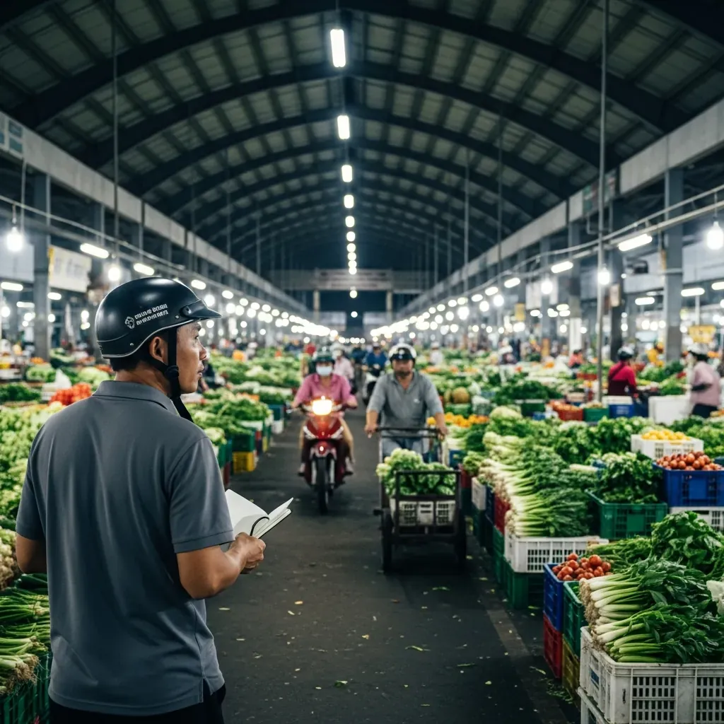 Người đàn ông Việt Nam bước vào nhà lồng chợ Thủ Đức để khảo sát các sạp rau củ.