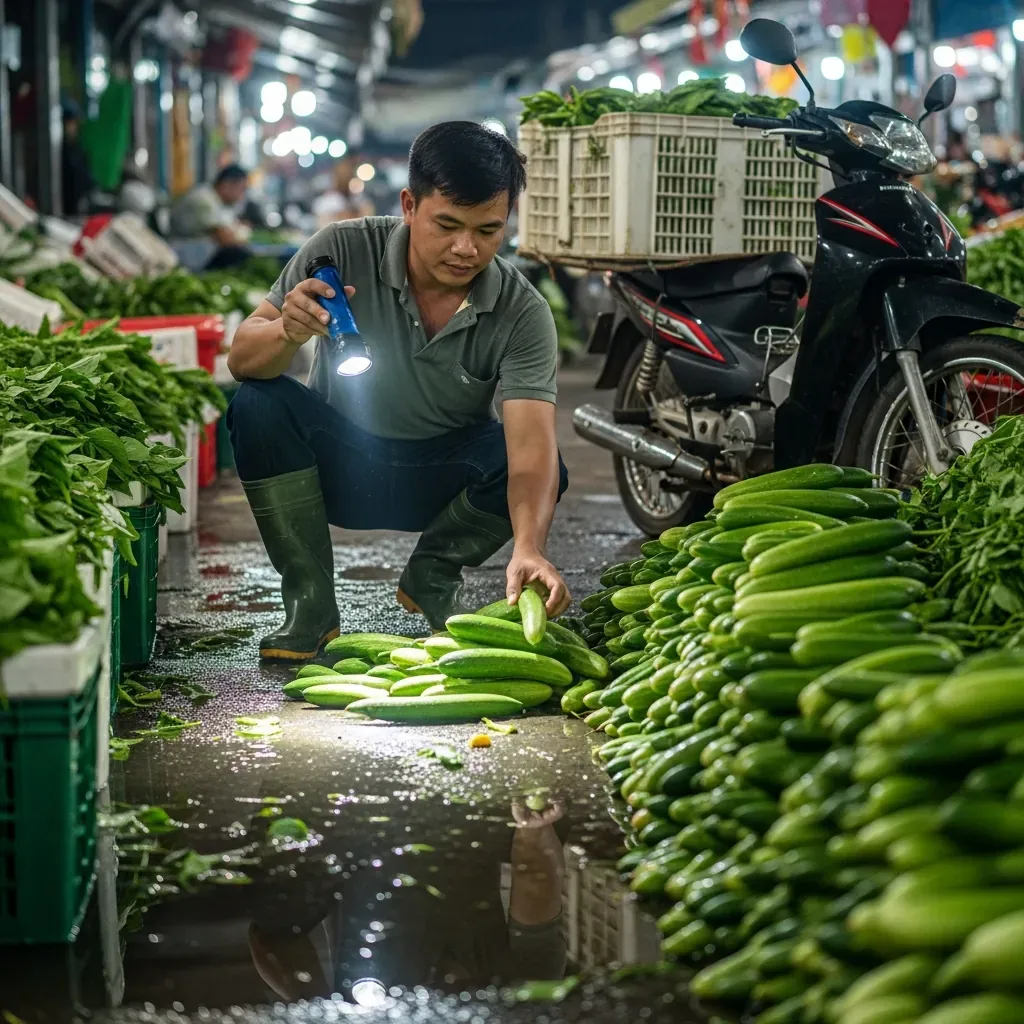 Người đàn ông Việt Nam dùng đèn pin soi dưa leo, cảnh giác với nông sản nghi ngờ hóa chất.