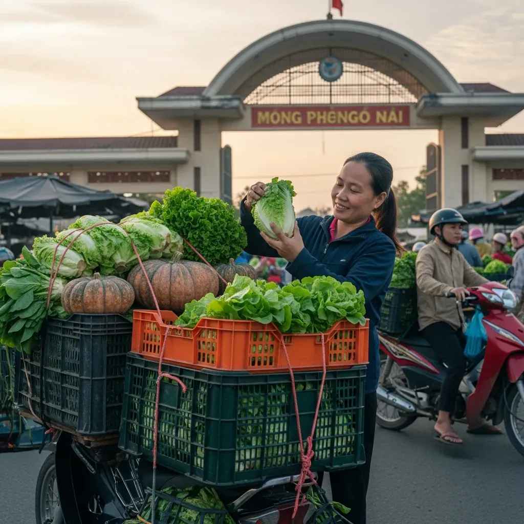 Người phụ nữ kiểm tra lại rau củ đã buộc chặt trên xe máy trước khi rời chợ Thủ Đức.