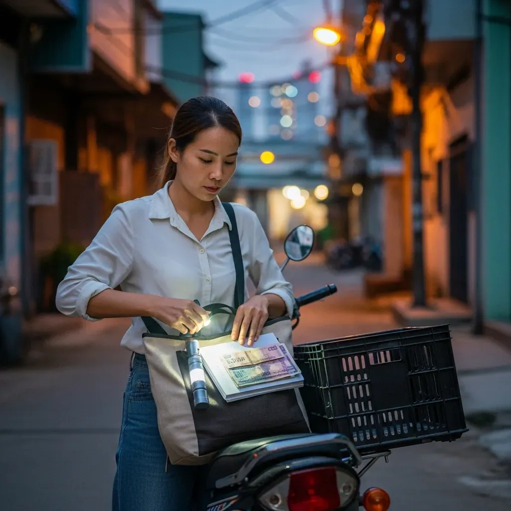 Người phụ nữ Việt Nam chuẩn bị đồ đạc bên xe máy trước khi đến chợ nông sản Thủ Đức.