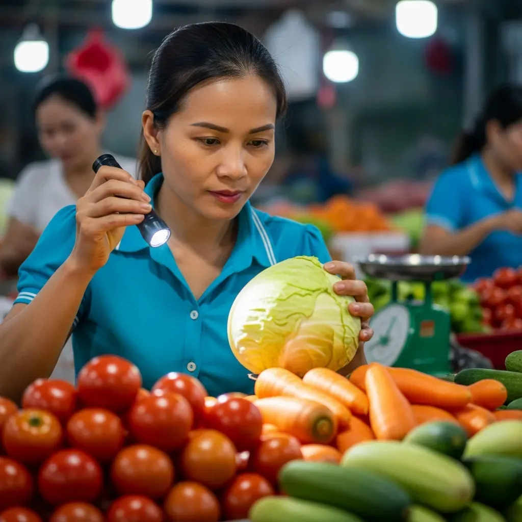 Người phụ nữ Việt Nam dùng đèn pin kiểm tra bắp cải tại sạp chợ Thủ Đức.