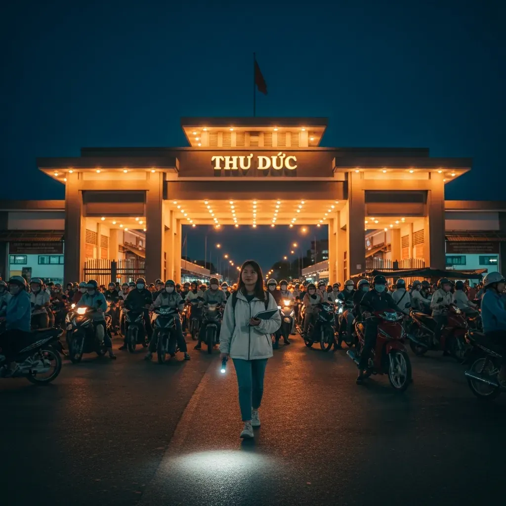 Nữ tiểu thương trẻ bước vào cổng chợ Thủ Đức lúc 22 giờ đêm, sẵn sàng cho chuyến mua sỉ đầu tiên.