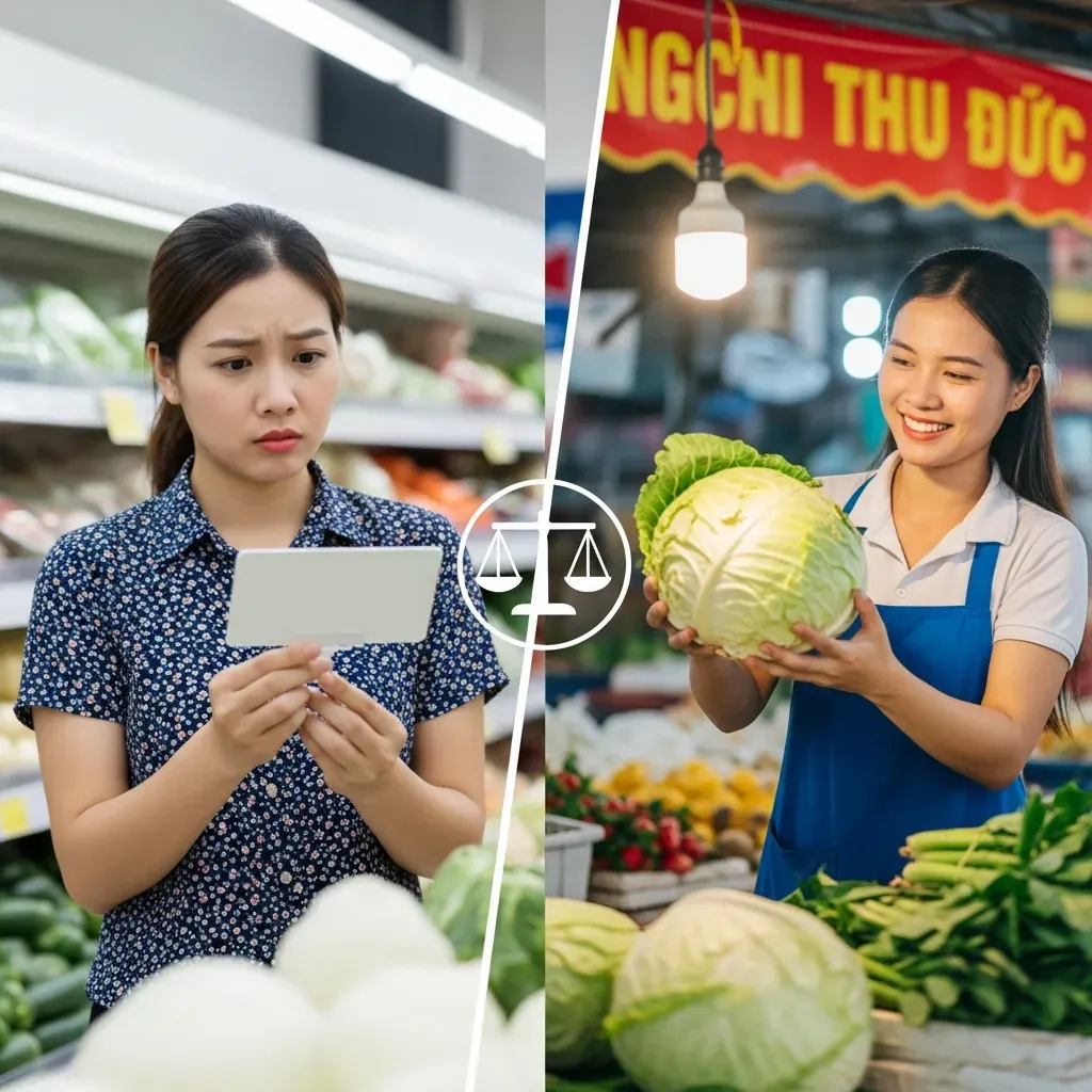 So sánh cảnh mua rau tại siêu thị và tại chợ Thủ Đức, cùng một người phụ nữ Việt Nam.