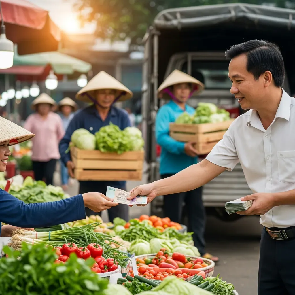 Tiểu thương trả tiền mặt và công nhân bốc vác chở hàng ra xe tải tại chợ Thủ Đức.