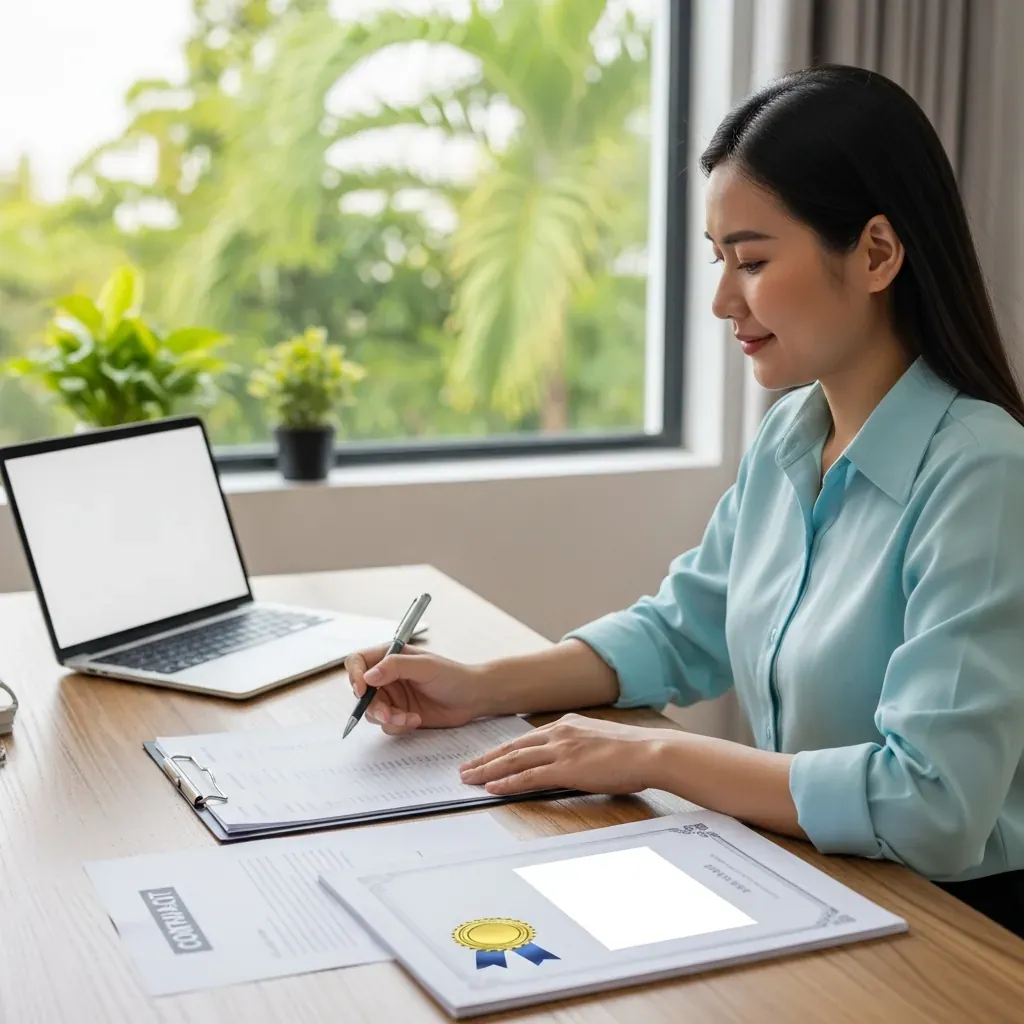 Chủ nhà người Việt kiểm tra hồ sơ trước khi đặt cọc thang máy