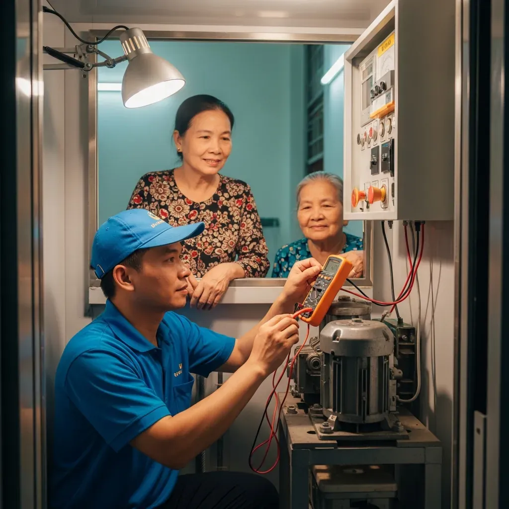 Kỹ thuật viên kiểm tra thang máy liên doanh trong nhà người Việt