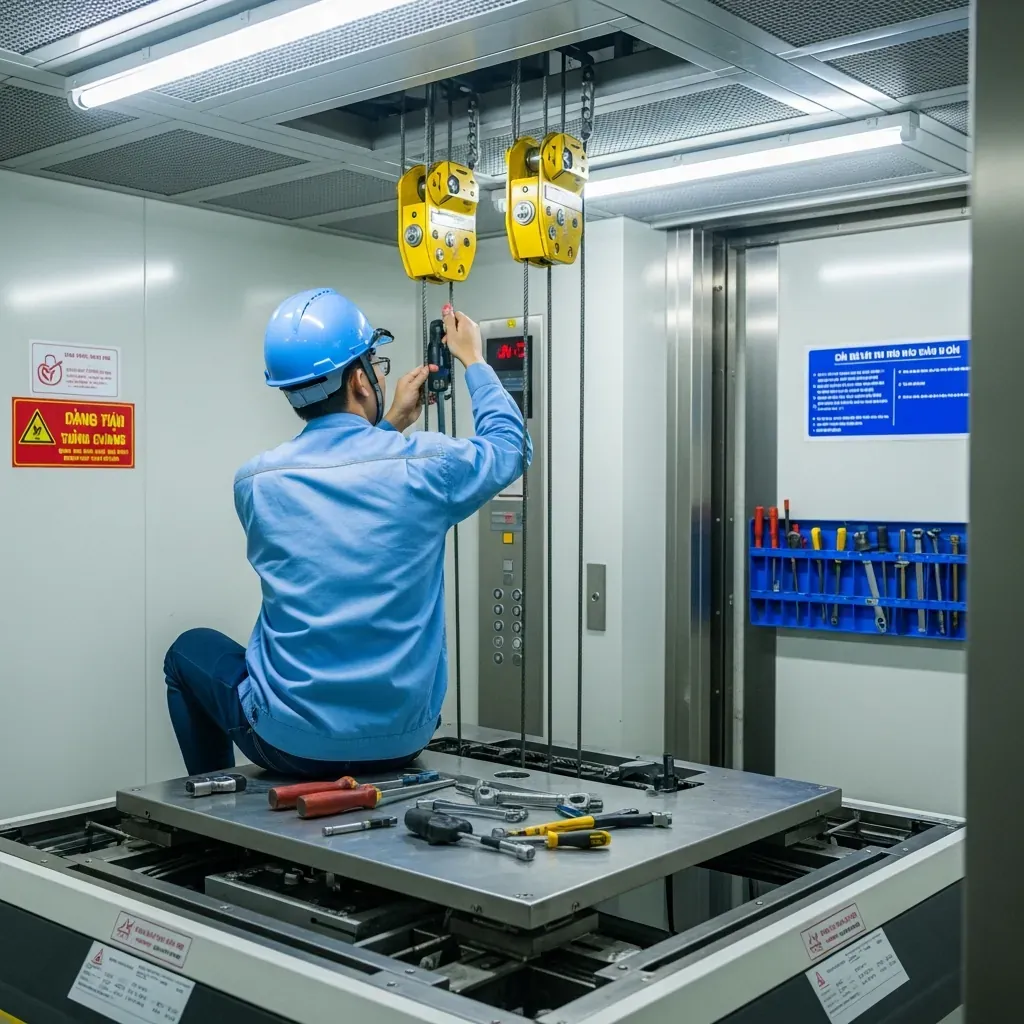 Kỹ thuật viên người Việt bảo trì thang máy gia đình đúng chu kỳ