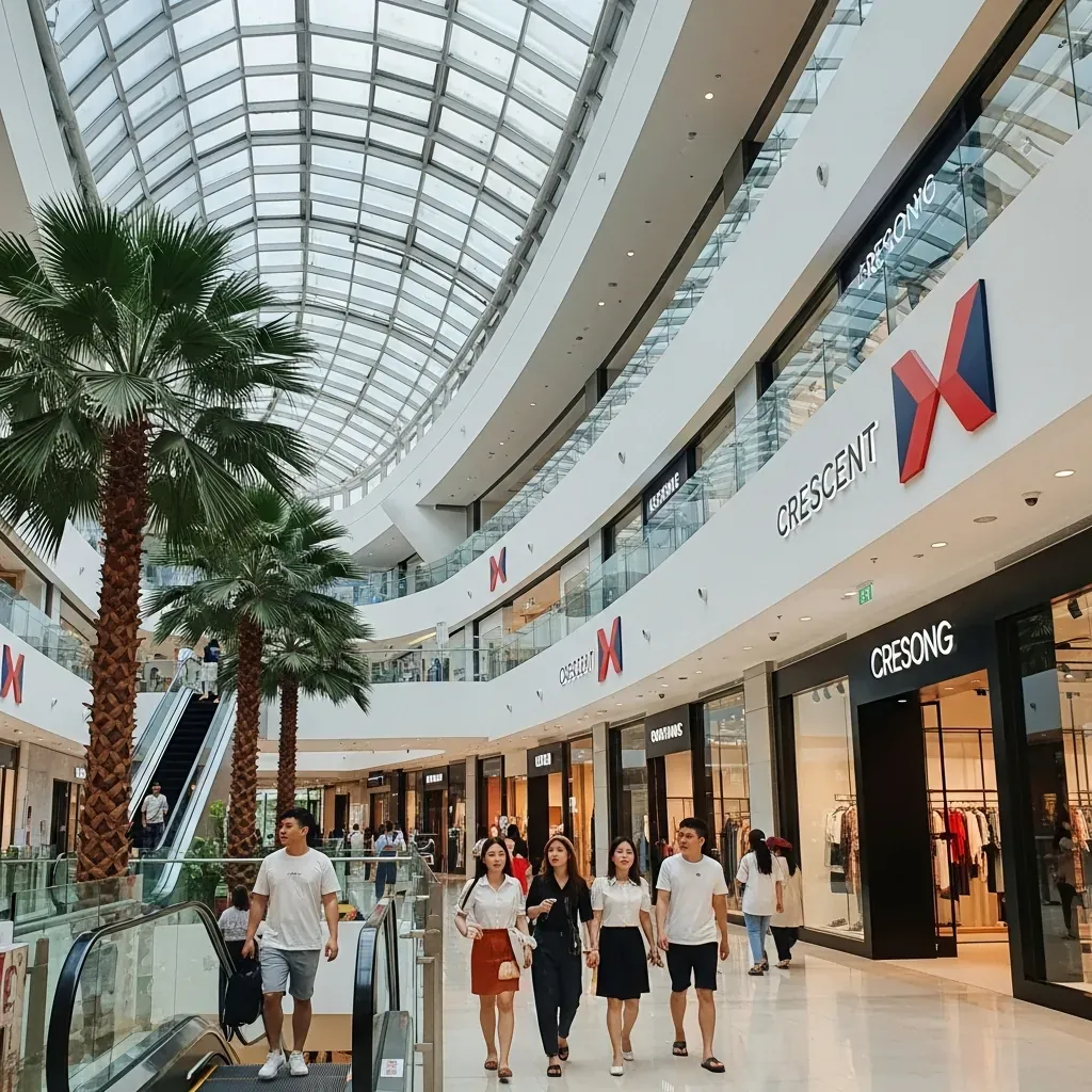 Không gian bên trong Crescent Mall với ánh sáng tự nhiên, cây xanh và người mua sắm.