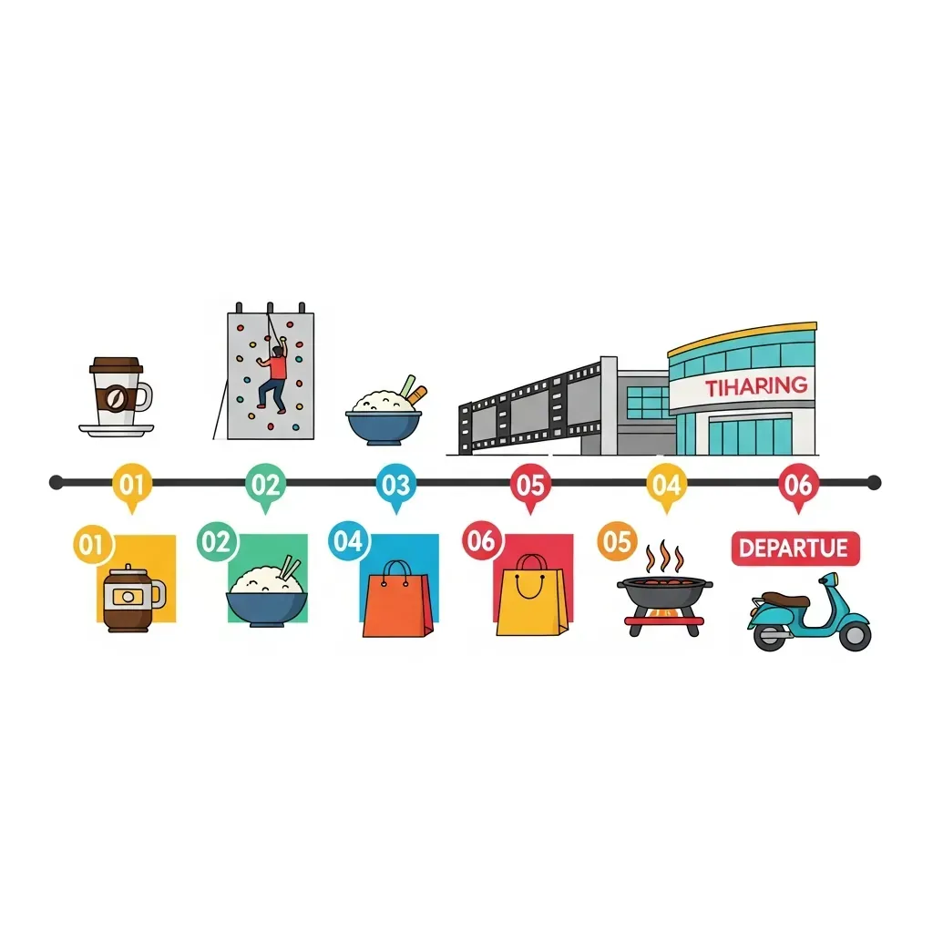 Lịch trình một ngày mẫu tại Crescent Mall với các hoạt động theo thời gian.