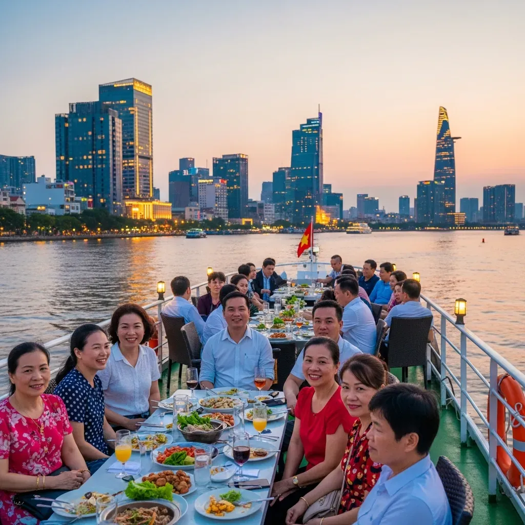 Cảnh du thuyền trên sông Sài Gòn lúc hoàng hôn với hành khách và thành phố lên đèn