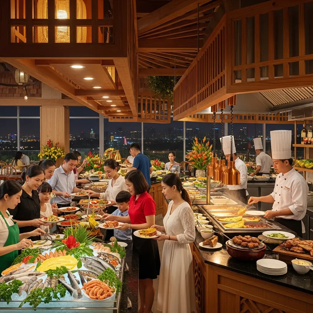 Gia đình Việt vui vẻ chọn đồ ăn buffet trên du thuyền Indochina Queen
