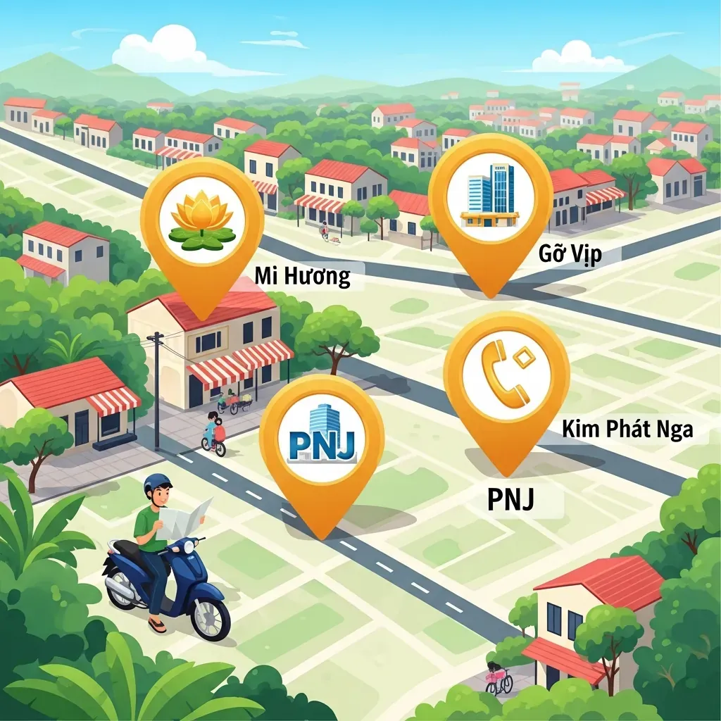 Bản đồ minh họa các tiệm vàng thay thế khi Kim Phát 224 đóng cửa: PNJ, Mi Hồng, và Kim Phát Nga.