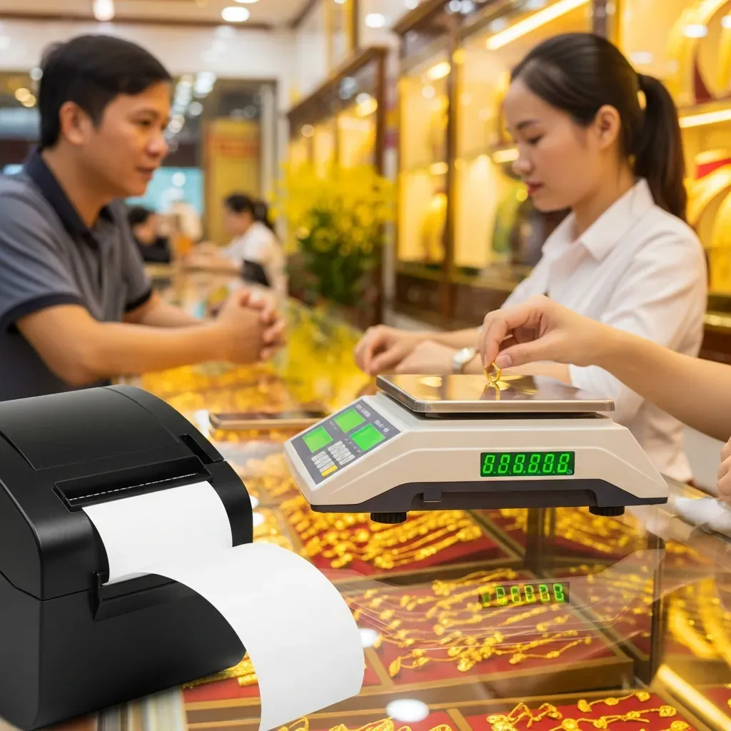 Cảnh giao dịch tại tiệm vàng: khách hàng theo dõi nhân viên cân vàng, máy in hóa đơn đang xuất giấy, không có chữ trên hóa đơn.
