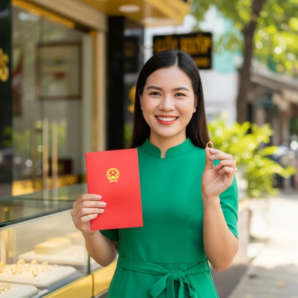 Người phụ nữ Việt Nam vui vẻ sau khi giao dịch vàng, cầm hóa đơn đỏ và nhẫn vàng trước cửa hàng.