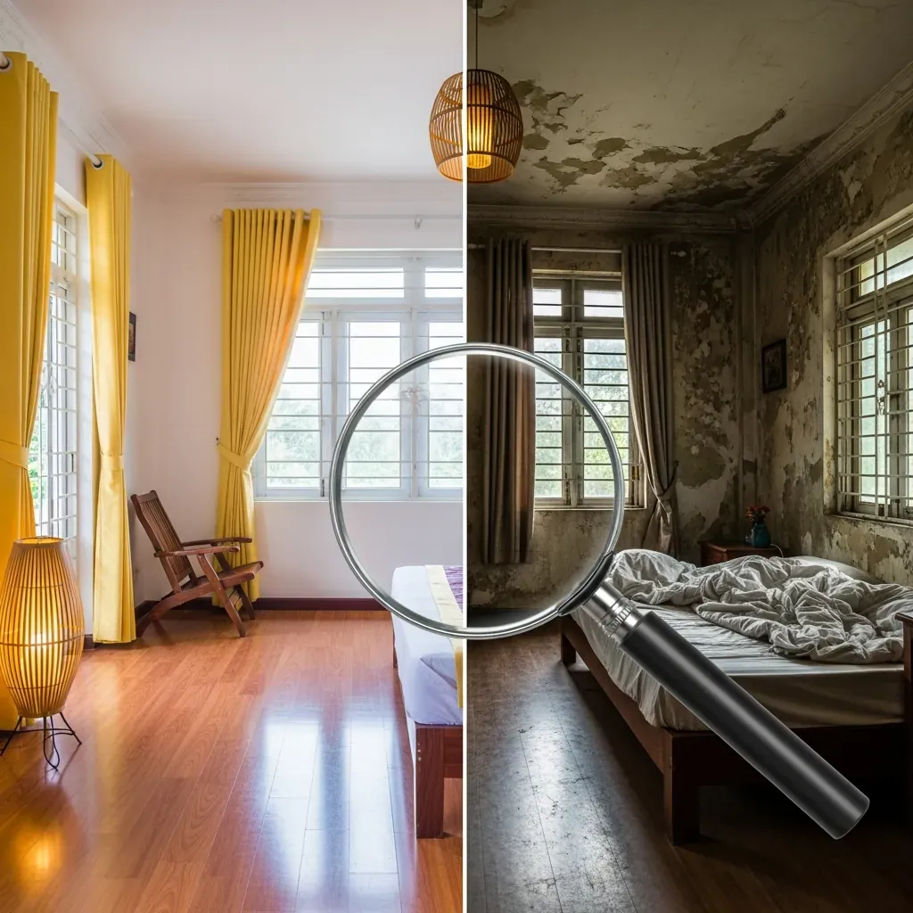 Hình ảnh so sánh phòng homestay quảng cáo và thực tế.