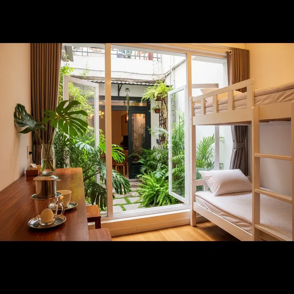 Không gian homestay Nấp Saigon với giường tầng trắng và cây xanh.