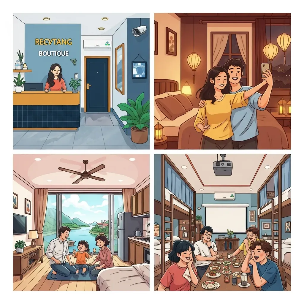 Minh họa bốn nhóm người dùng homestay phổ biến.