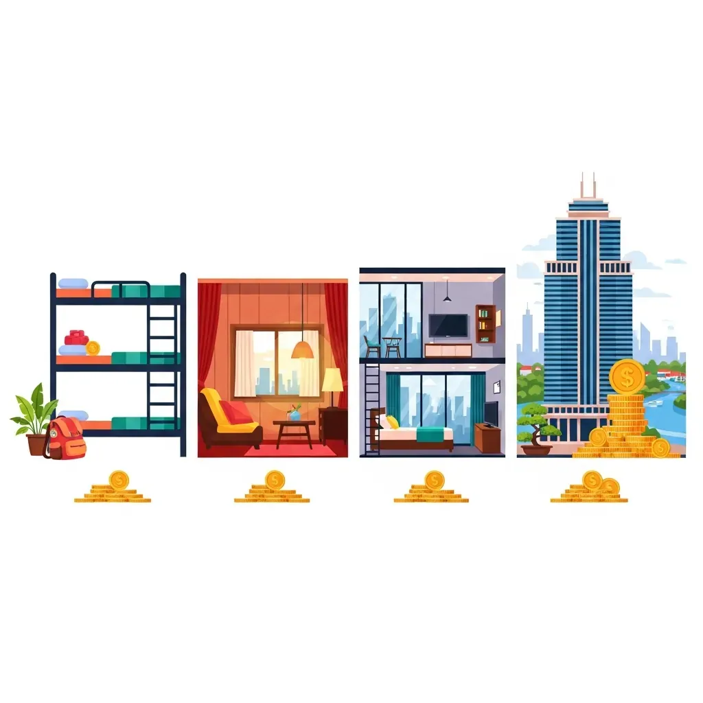 Minh họa so sánh bốn loại hình homestay theo chi phí và đặc điểm.