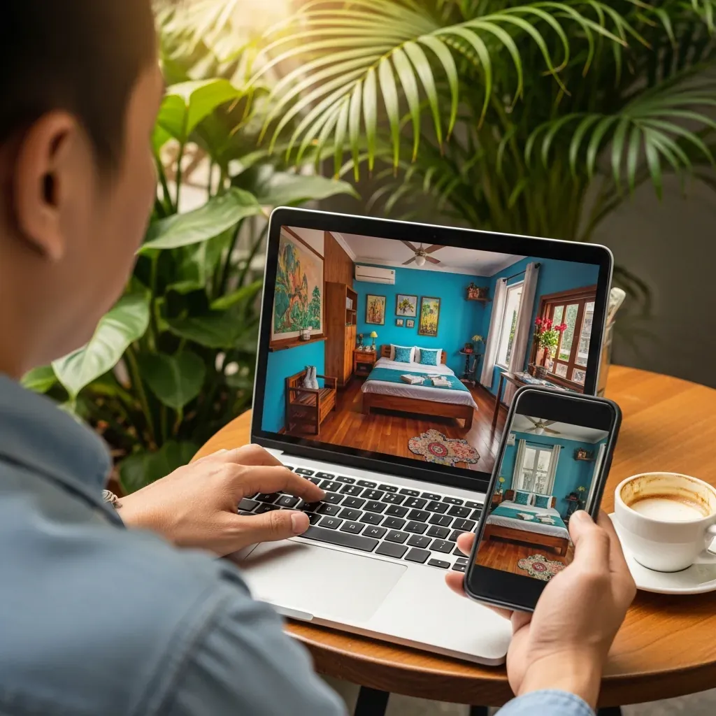 Người đàn ông Việt Nam so sánh ảnh homestay trên máy tính và điện thoại.