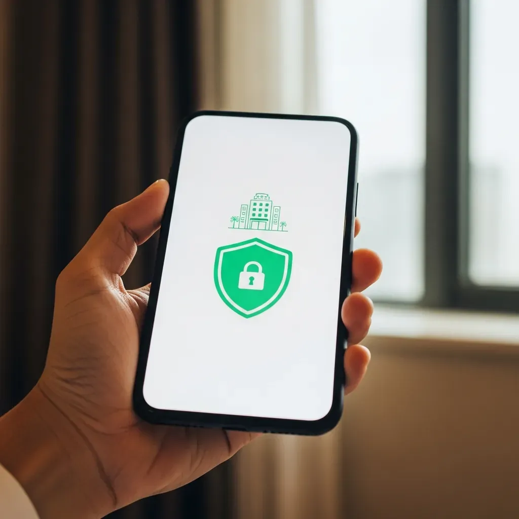 Bàn tay người Việt cầm điện thoại hiển thị ứng dụng đặt phòng an toàn với biểu tượng khóa.