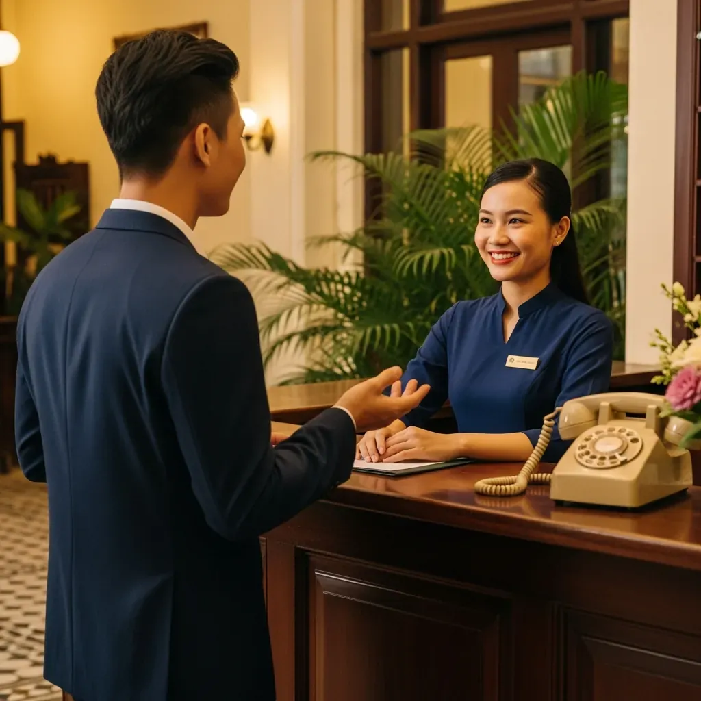 Du khách nói chuyện lịch sự với lễ tân khách sạn để yêu cầu xem phòng.