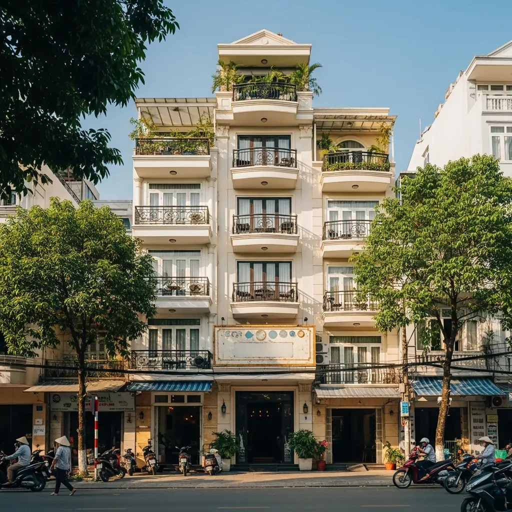 Mặt tiền khách sạn Bông Sen Sài Gòn trên phố Đồng Khởi, quận 1, TP.HCM, với kiến trúc nhà ống kiểu Pháp, xe máy và cây xanh nhiệt đới.
