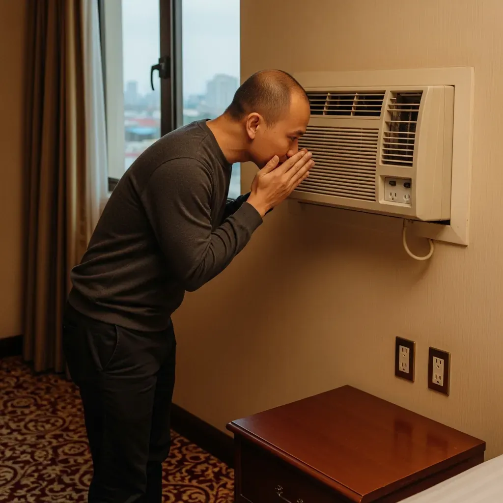 Người đàn ông Việt Nam kiểm tra điều hòa và mùi phòng trong khách sạn cũ.